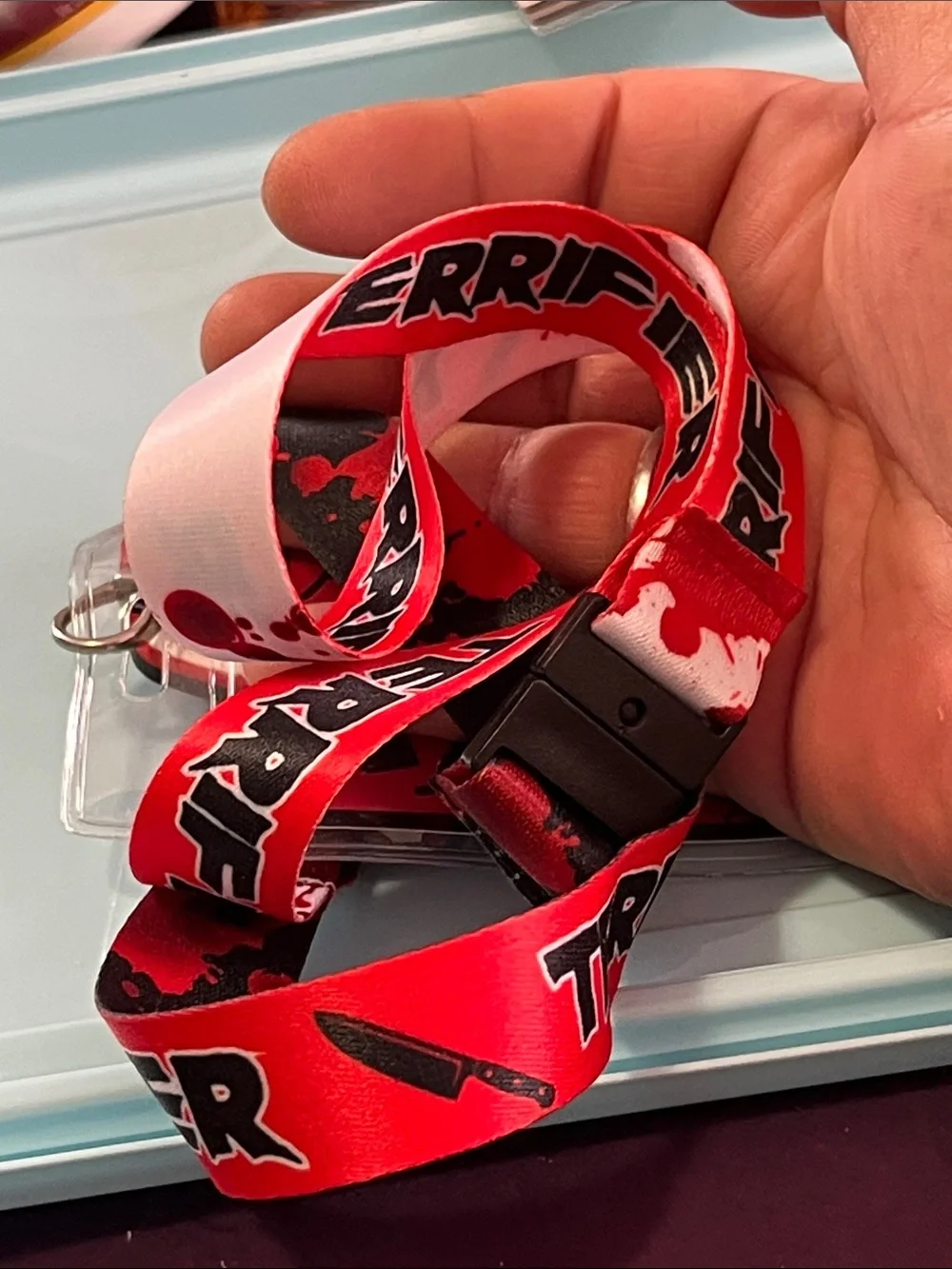 Red Graphic Lanyard with Card Holder and Charm